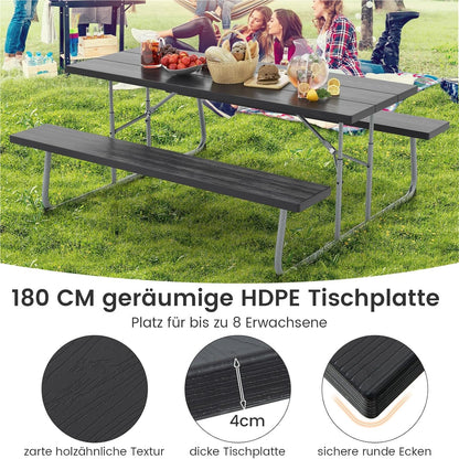Vouwbare Bierbank – Bier Tent Set – Picknicktafel – Tuinbank – Feesttafel – Zwart – Houtlook HDPE Blad – Inclusief Parasolgat