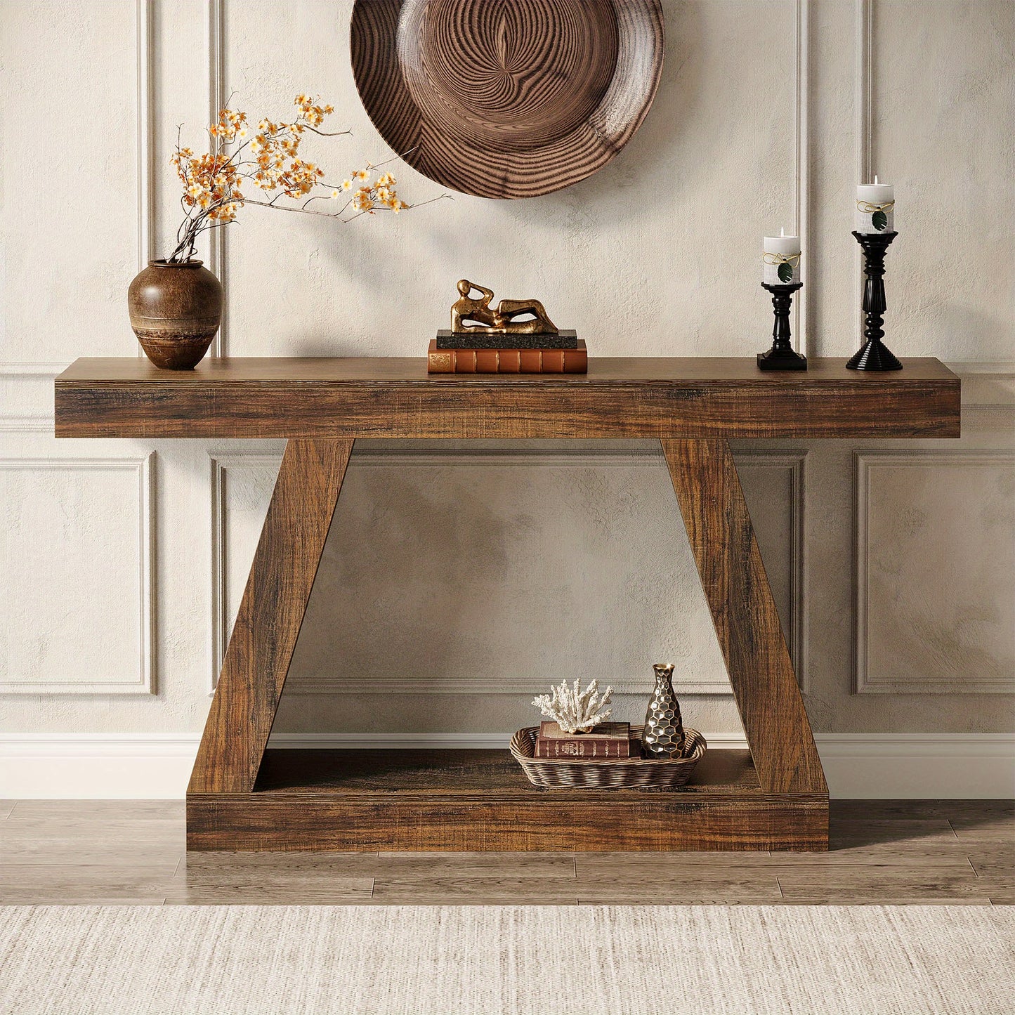 Sidetable – Sidetable Met Opbergruimte – Sofa Tafel – Haltafel – Woonkamertafel – Donkerbruin Rustiek – 139,7 cm Lang – Inclusief Vlochten Opbergbak