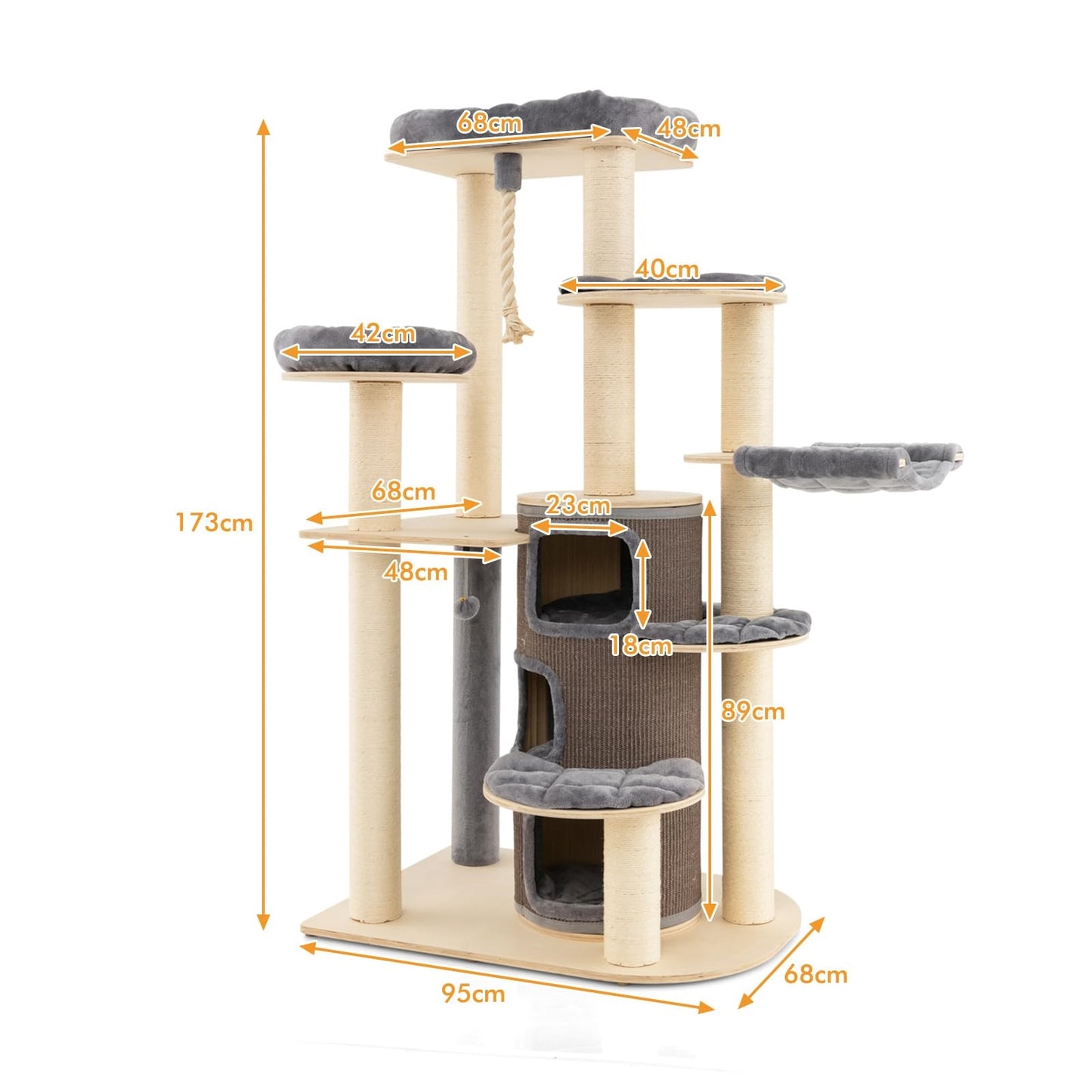 Krabpaal – Klimmeubel – Kattenmeubel – Kattenhuis – Speelboom – 173 cm Hoog – Massief Hout Met Sisal & Pluche