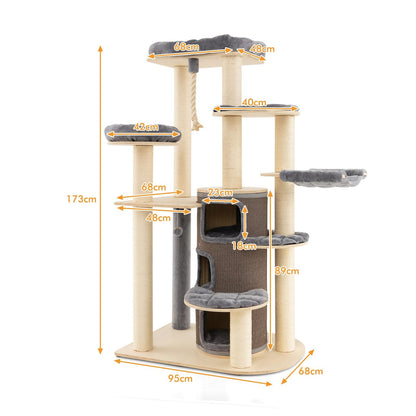 Krabpaal – Klimmeubel – Kattenmeubel – Kattenhuis – Speelboom – 173 cm Hoog – Massief Hout Met Sisal & Pluche