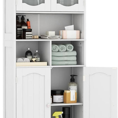 Badkamerkast – Badmeubel – Kolomkast – Wastafelonderkast – Medicijnkastje – Vrijstaand ontwerp – Verstelbare planken – Matglas deuren – MDF wit 60x30x148,5 cm