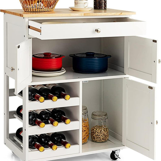Keukentrolley – Keukenwagen – Serveerwagen – Keukenrek – Opbergwagen – Rubbenhouten Werkblad 67x37 CM – 3-Laags Opbergrek Met Lade en 2 Kastjes – Wieltjes Met REM