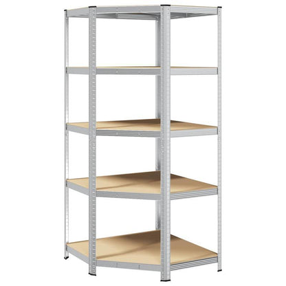 Corner Shelf with 5 Shelves Silver Steel & Wood Material Steel Frame Storage Rack, Garage Storage Rack, Suitable for Living Room, Kitchen, Bathroom, Home, Lobby, Courtyard, Corner Shelves