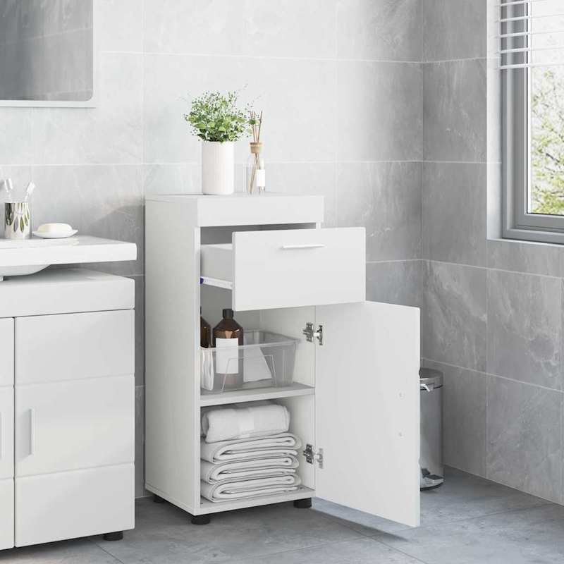 Hoogglans Witte Badkamerkast – Badmeubel – Opbergkast – Badkamerkastje – Kastje – Compact Formaat 37x31,5x82 cm – Duurzaam Verwerkt Hout