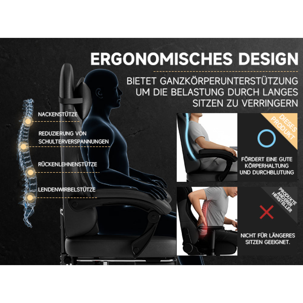 Gamingstoel – Bureaustoel – Gamestoel – Computerstoel – Werkstoel – Echt Leren Bekleding – Verstelbare Rugleuning & Voetensteun – Max. 150 kg Draagkracht