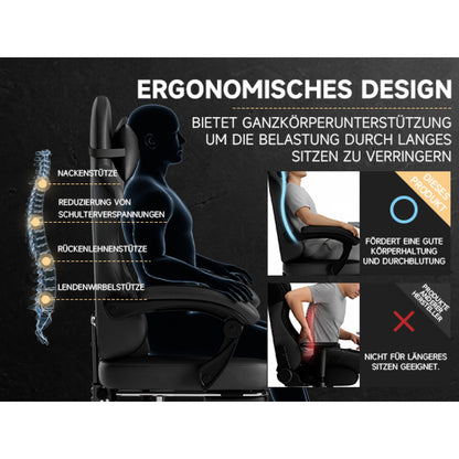 Gamingstoel – Bureaustoel – Gamestoel – Computerstoel – Werkstoel – Echt Leren Bekleding – Verstelbare Rugleuning & Voetensteun – Max. 150 kg Draagkracht