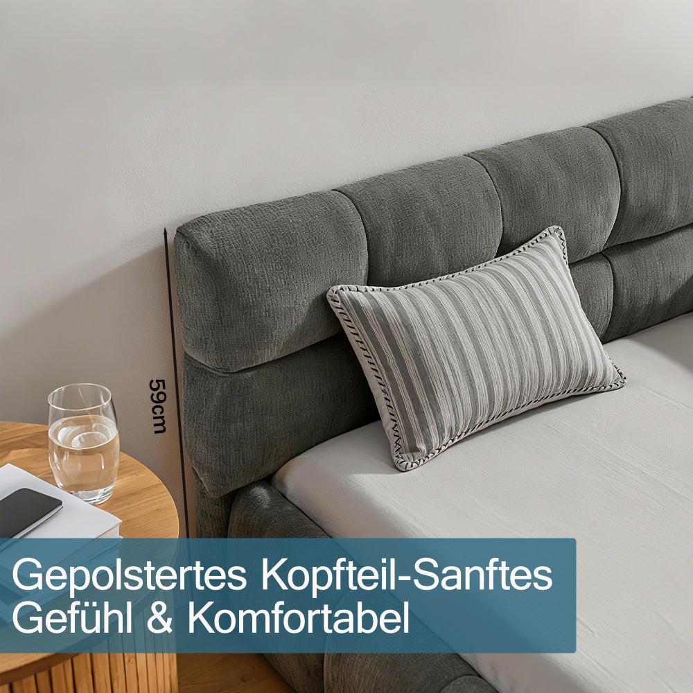 Bedframe – Tweepersoonsbed – Ledikant – Slaapbank – Platformbed – Donkergrijs Chenille – 160x200 cm – Stevig Eucalyptus Hout & IJzeren Frame