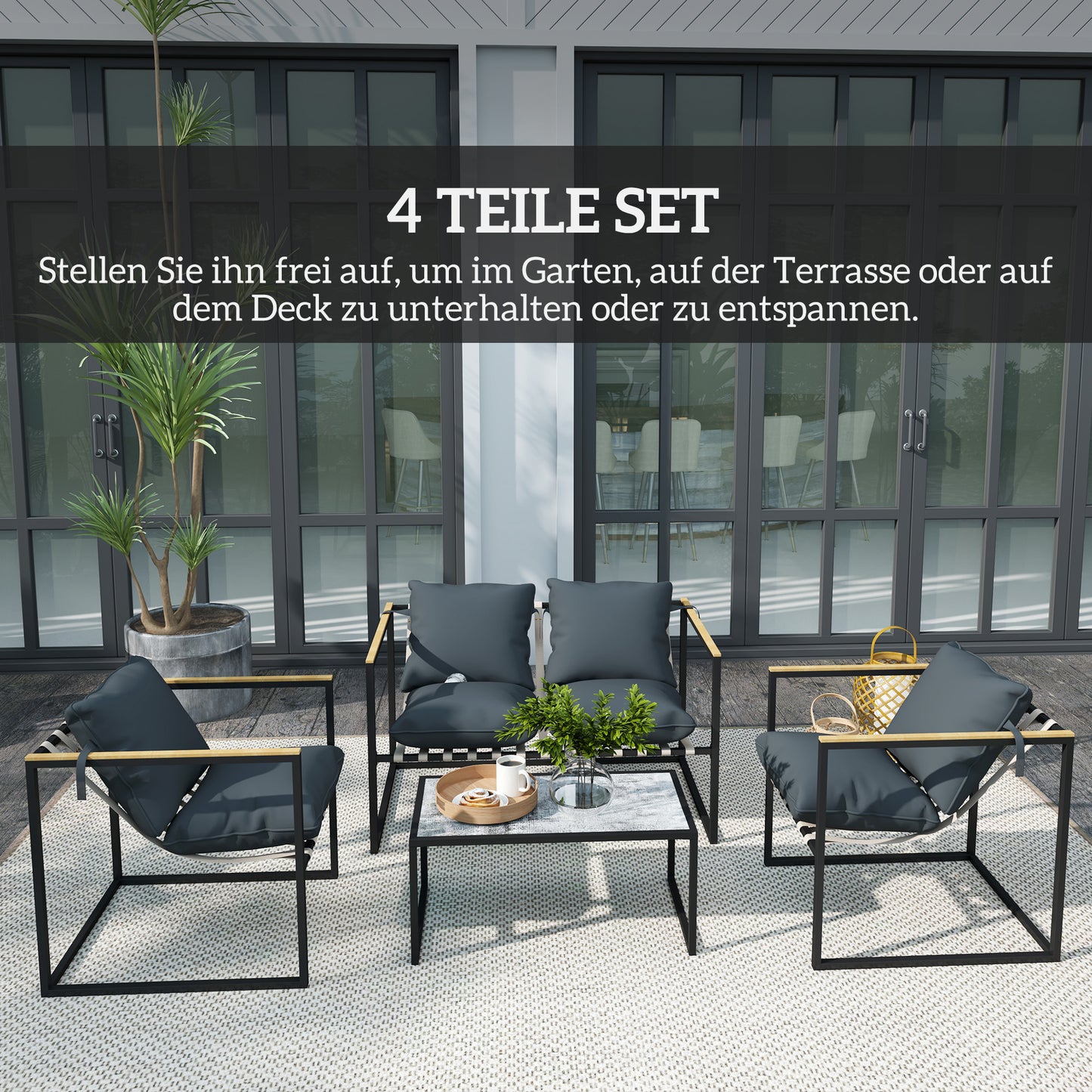 Tuinset – Balkonset – Loungeset – Zitgroep – 4 Personen – Gepoedercoat Stalen Frame – Comfortabele 12 cm Dikke Kussens