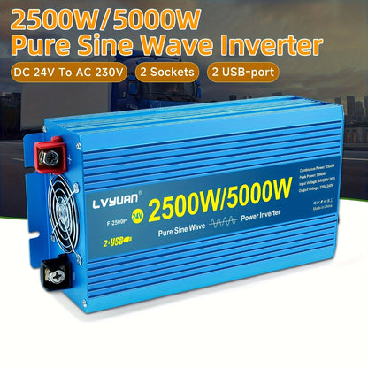 LVYUAN Pure Sine Wave Power Inverter 2500 Watt/5000W (Peak) 12V DC to 220V AC Converter, 2 AC Outlets Car Inverter with LCD Display for Car Boat Truck RV Solar Power Travel Camping, Portable Power Supply, Lightweight Design,