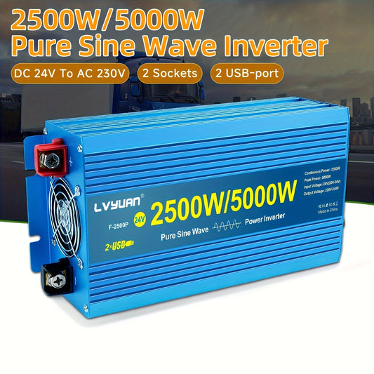 LVYUAN Pure Sine Wave Power Inverter 2500 Watt/5000W (Peak) 12V DC to 220V AC Converter, 2 AC Outlets Car Inverter with LCD Display for Car Boat Truck RV Solar Power Travel Camping, Portable Power Supply, Lightweight Design,