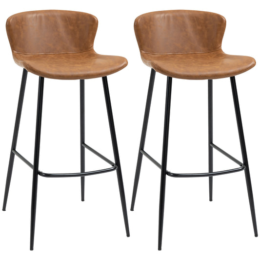 Barstoel Set – Barkrukken – Hoge Stoelen – Keukenstoelen – Barstoelen Bruin – PU Leren Zitting – Stalen Voetensteun – Vintage Design Rugleuning – 76 Cm Hoog