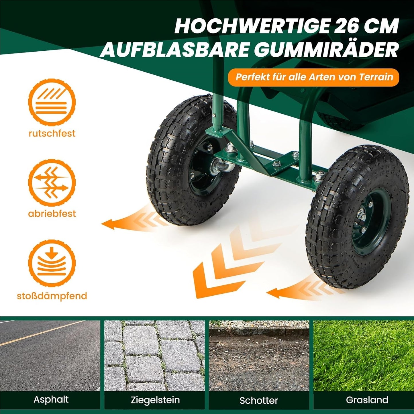 Tuinstoel – Tuinstoelen – Tuinwagen – Tuinmeubel – Tuinkruk – 360° Draaibaar – In Hoogte Verstelbaar – Met Wielen – Met Opbergruimte – Met Kussen – Max 150 kg – Groen Metalen Frame
