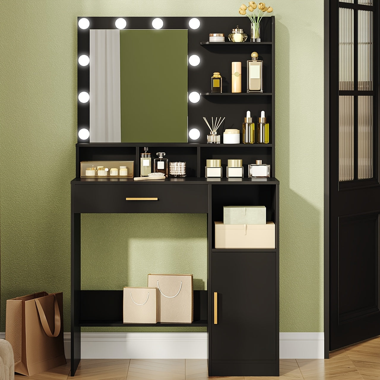 Make-up Tafel – Kaptafel – Schminktafel – Make-up Bureau – Vanity Set – Zwart – 10 LED Verlichting – Ruime Opbergruimte Met Laden En Planken