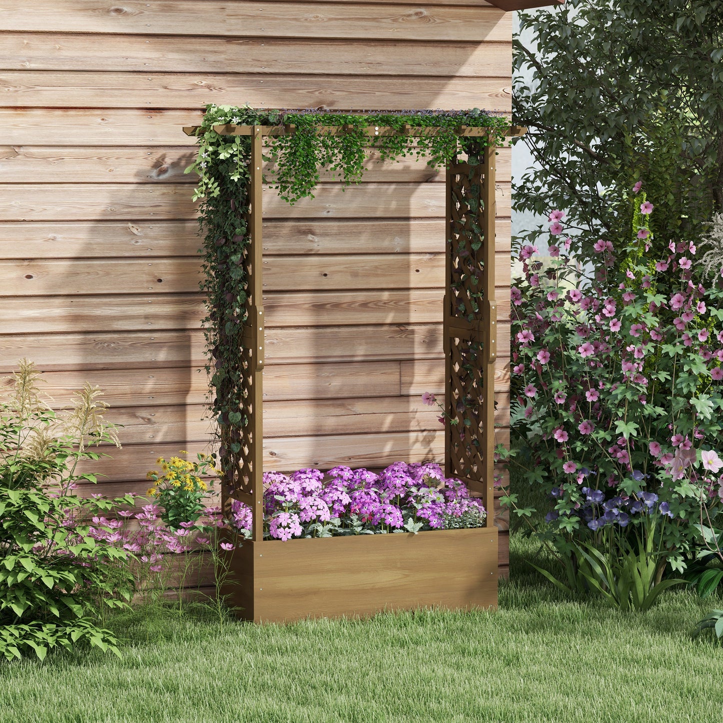 Plantenbak – Bloembak – Bloempot – Kweekbak – Tuinbak – Houten plantenbak op poten met boog en trellis – Groot formaat 112x41x180 cm – Voorbehandeld vurenhout met optimale waterafvoer