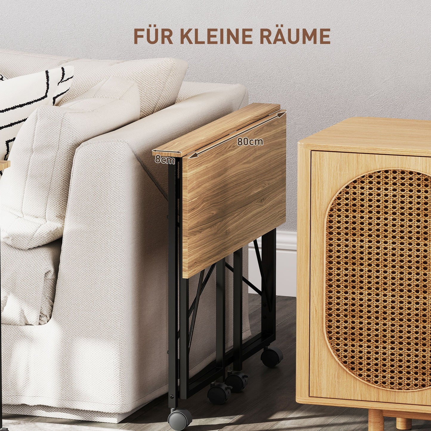 Inklapbaar Bureau – Vouwbureau – Werktafel – Laptoptafel – Mobiel Bureau – Eiken MDF Tafelblad – Stalen Frame – Wieltjes – Ruimtebesparend