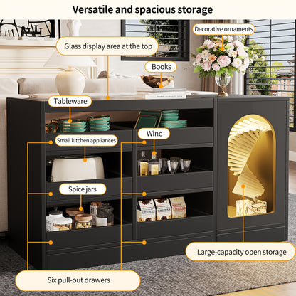 Dressoir – Buffet – Opbergkast – Kast – Meubel – Zwart – 6 Ruime Lades – Uniek Hollow-Deurontwerp