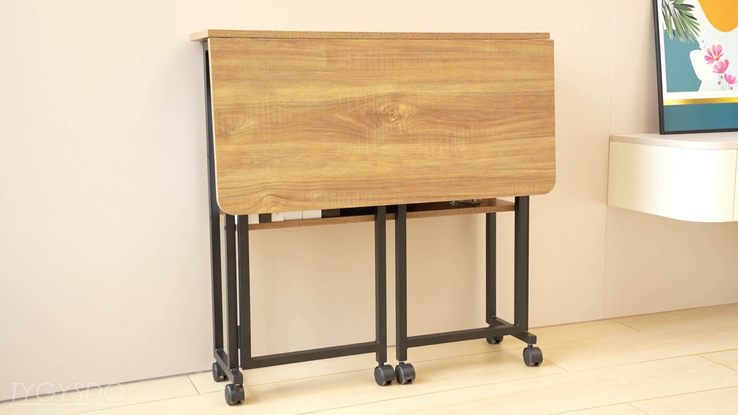 Opvouwbare Tafel – Klaptafel – Bureau – Vouwtafel – Bijzettafel – Compact Inklapbaar – Stevig Stalen Frame – Wieltjes – 80x58x75 cm – Eikenhout Look