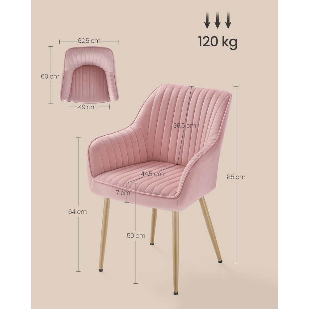 Eetkamerstoel – Keukenstoel – Fluwelen Stoel – Gestoffeerde Armstoel – Zitting Candy Pink – Ergonomische Rugleuning – Max. Belastbaarheid 120 kg – Metalen Poten