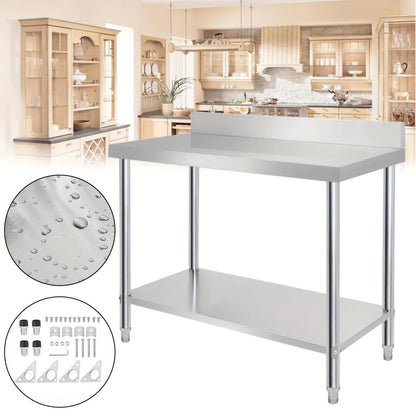 Stainless Steel Work Table, Stainless Steel Table With Adjustable Feet Gastro Table Preparation Table Kitchen Furniture For Restaurant Silver With Upstand
