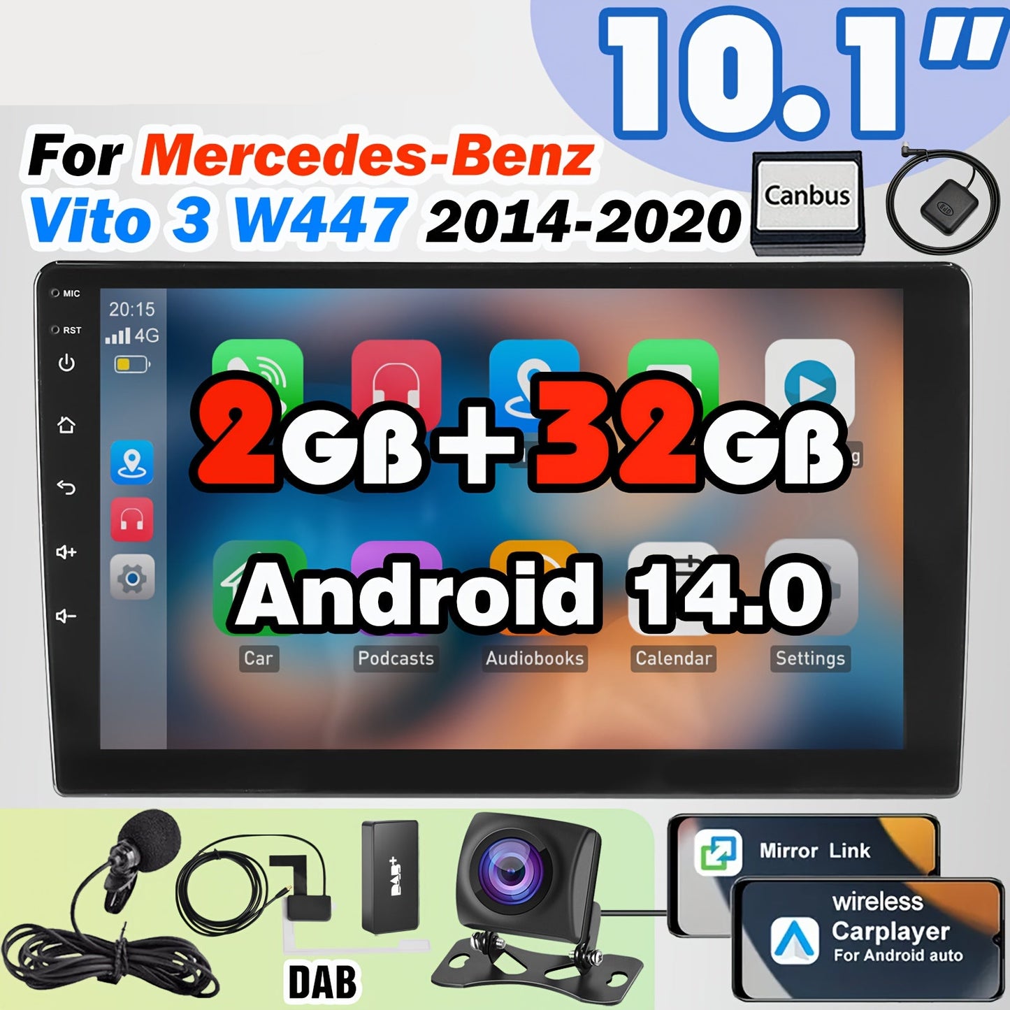 Autoradio – Multimedia Speler – Car Stereo – Touchscreen Radio – Navigatiesysteem – 10.1 Inch IPS Scherm – Wireless CarPlay & Android Auto – Inclusief AHD Camera, DAB+ Adapter en Microfoon