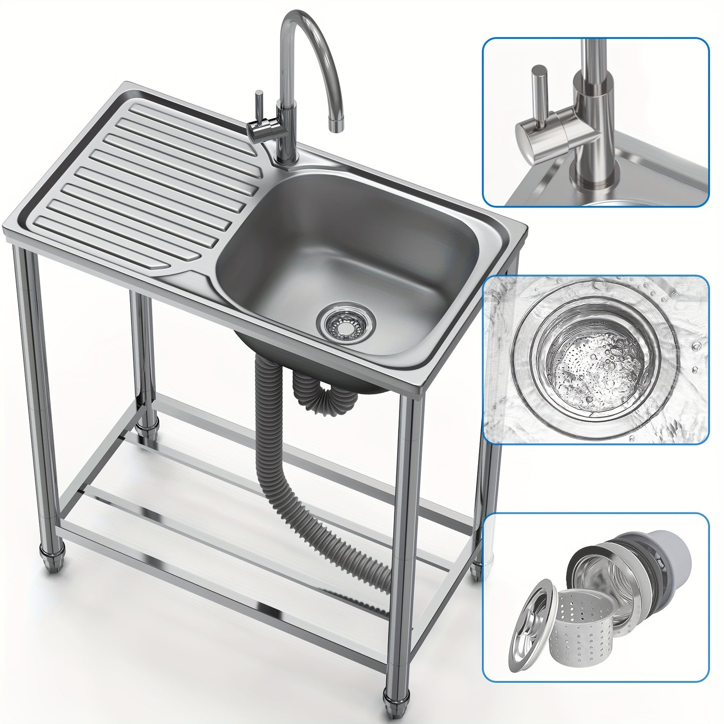 Keukentafelbladwasbak – Vrijstaande Wasbak – Keukenspoelbak – Wastafelblad – Mobiele Spoelbak – Roestvrijstaal – 75x40x80 cm – Warm en Koud Water