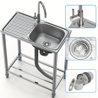 Keukentafelbladwasbak – Vrijstaande Wasbak – Keukenspoelbak – Wastafelblad – Mobiele Spoelbak – Roestvrijstaal – 75x40x80 cm – Warm en Koud Water