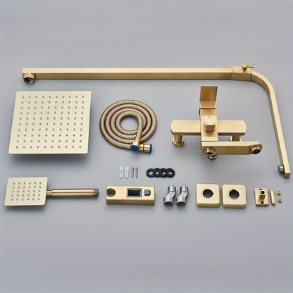 Regendouche Set – Douchekraan – Douchekop – Douchekraan Set – Douche Systeem – Brushed Gouden Afwerking – 20 cm Vierkante Regendouchekop – Duurzaam Messing