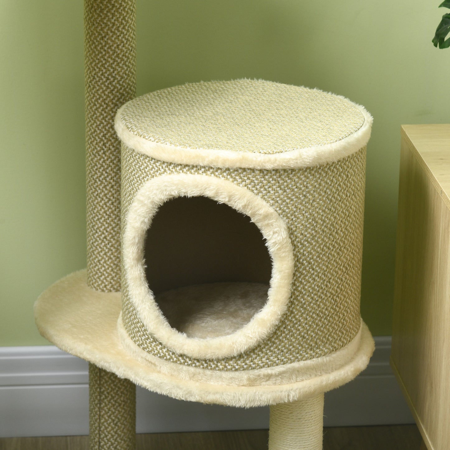 Krabpaal – Kattenkrabmeubel – Kattenboom – Krabton – Kattenhuis – Met Kattenholte en Hangmat – 124 cm Hoog – Natuurlijk Sisaltouw & Pluche Ligplaatsen