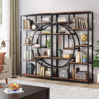 Boekenkast – Boekrek – Wandrek – Opbergkast – Vakkenkast – 9 Open Vakken – Robuust MDF Met Metaal – Industrieel Design – Rustic Brown & Zwart
