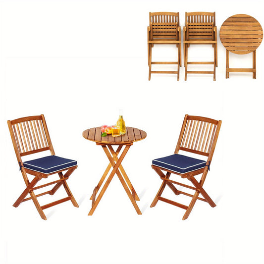 Balkontafelset – Balkonmeubelset – Bistroset – Tuinset – Tuintafelset – Inklapbaar – Acaciahout – Lichtblauwe kussens – Stevig en Compact