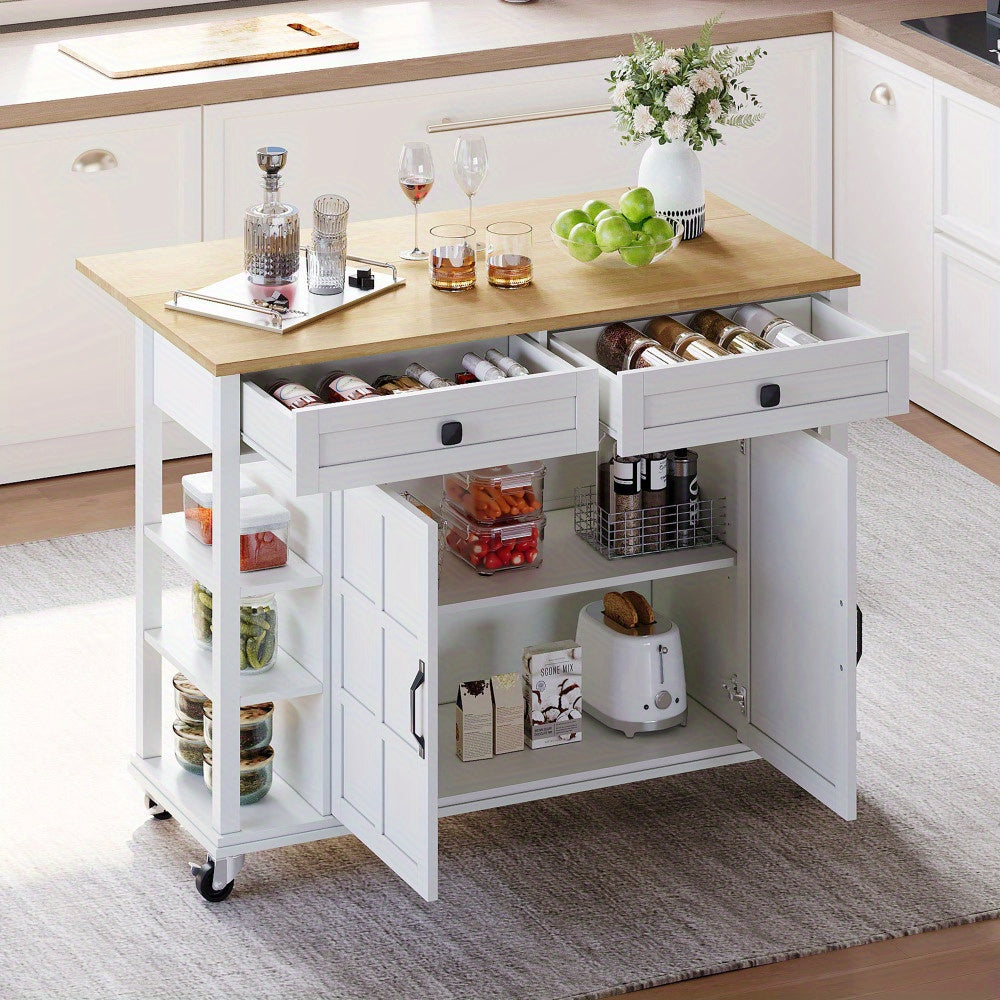 Keukentrolley – Serveerwagen – Keukenrolwagen – Opbergtrolley – Keukenwagen – Uitklapbaar Werkblad – 120 x 65 cm – Met 2 Lades – Met Wieltjes