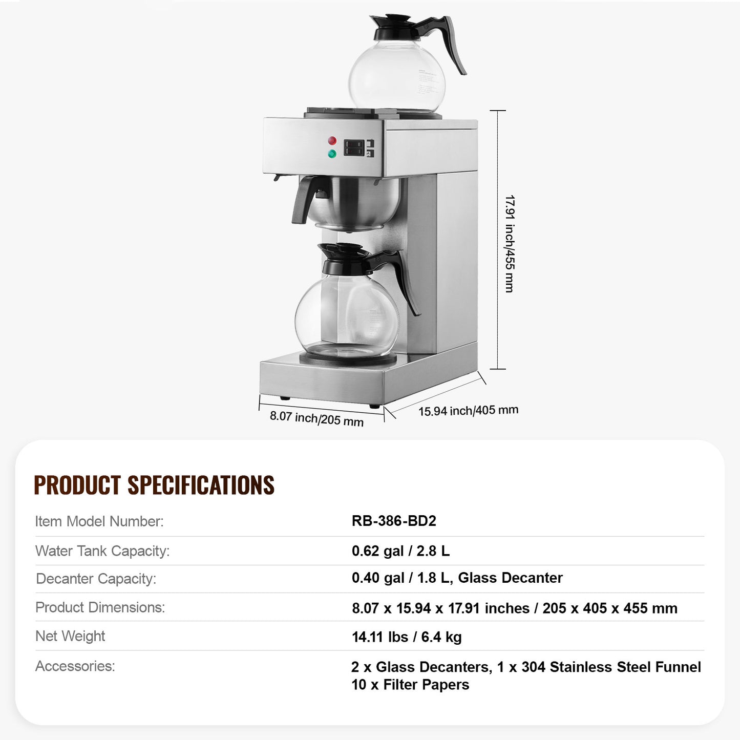 Koffiezetapparaat – Drip Koffiemachine – Koffiezetter – Horecakoffiezetter – Grootverbruik – 12 Kopjes – Twee Warmhoudplaten – Twee Glazen Karaffen – Roestvrijstalen Filter
