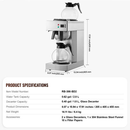 Koffiezetapparaat – Drip Koffiemachine – Koffiezetter – Horecakoffiezetter – Grootverbruik – 12 Kopjes – Twee Warmhoudplaten – Twee Glazen Karaffen – Roestvrijstalen Filter