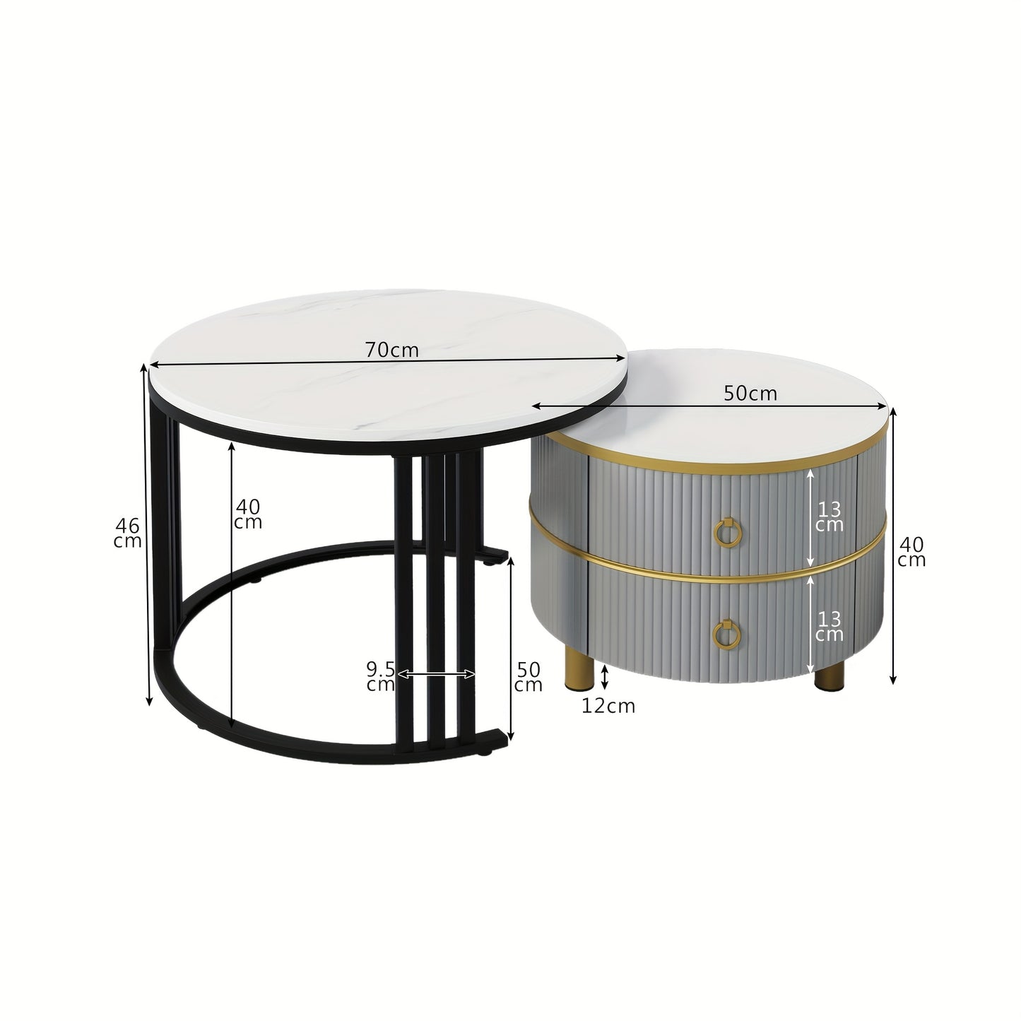 2-in-1 MDF Round Coffee Table with Glossy Finish & 1 Side Table with White Marble Top - Contemporary Living Room Coffee Table Set with 2 Drawers, 70x70x46cm, 50x50x40cm, Metal Frame, No Assembly Required, Coffee Table for Liv