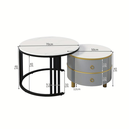 2-in-1 MDF Round Coffee Table with Glossy Finish & 1 Side Table with White Marble Top - Contemporary Living Room Coffee Table Set with 2 Drawers, 70x70x46cm, 50x50x40cm, Metal Frame, No Assembly Required, Coffee Table for Liv