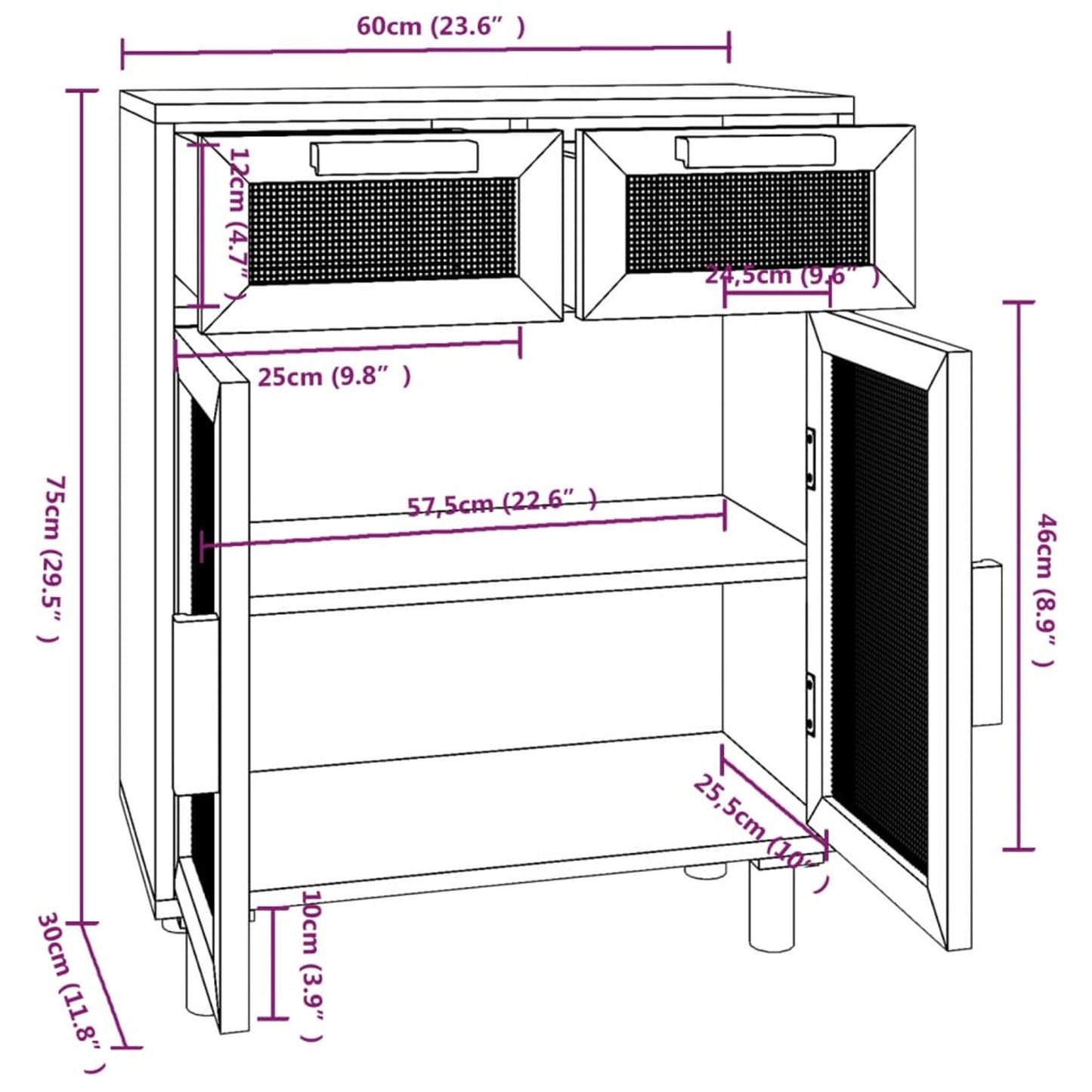 Dressoir – Opbergkast – Ladekast – Wandkast – Tv-meubel – Massief Den – Natuurlijk Rotan Accenten – Compact 60,96x30,48x74,93 cm