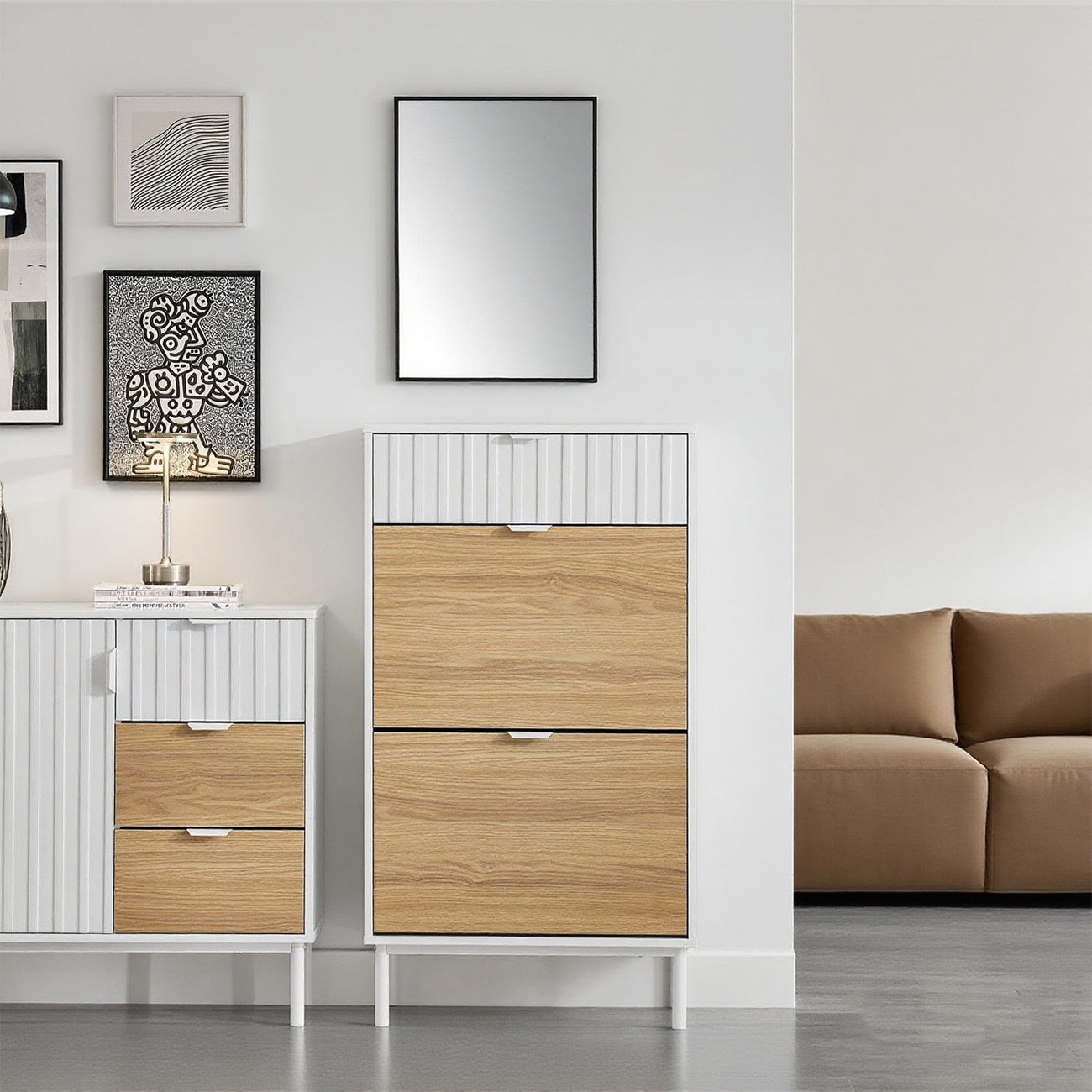 Schoenenkast – Schoenenrek – Schoenenopberger – Opbergkast – Schoenenschuiflade – 2 Klapdeuren – Verstelbare Vakverdeling – MDF Wit/Natuurlijk Hout – 60x35x110 cm