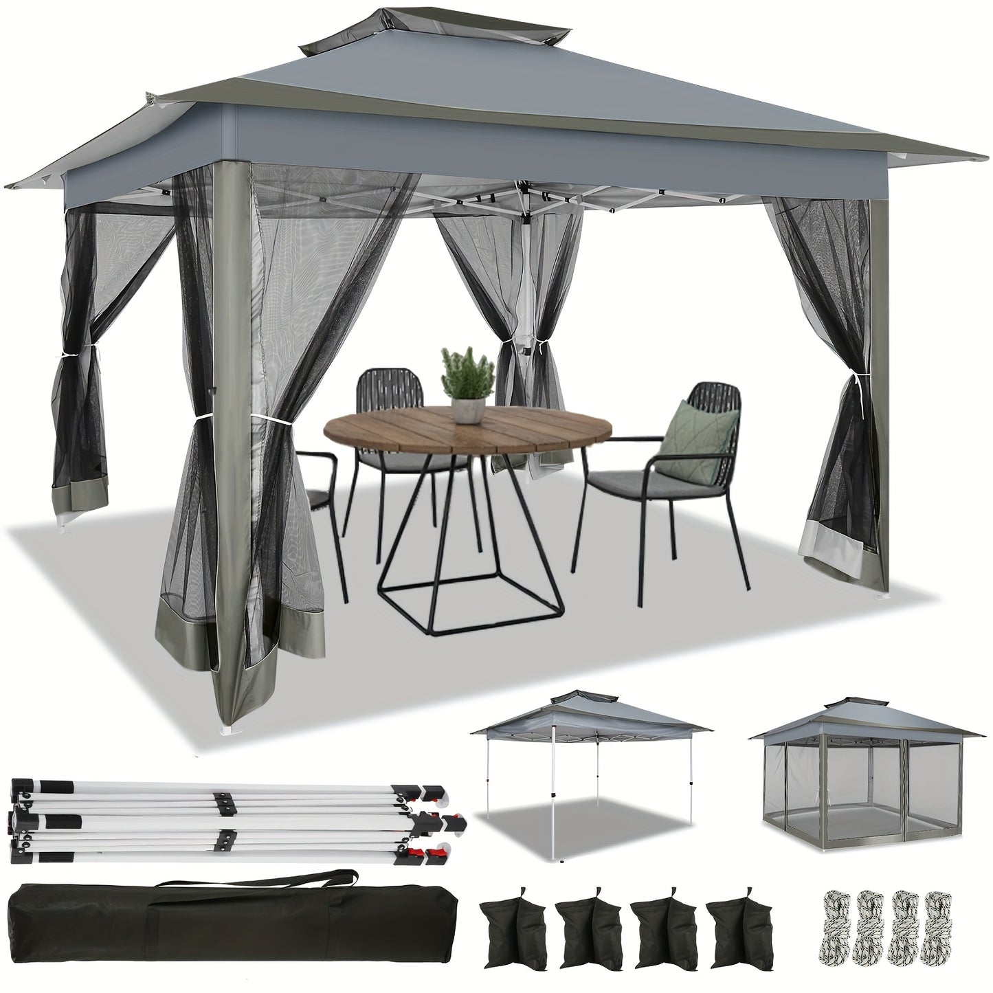 3.66x3.66meter Pop-Up Tent with 4 Mosquito Net Side Walls, Double Roof Design, Height Adjustable, Carry Bag Included - Ideal for Beach, Outdoor, Terrace Use, Beach Tent, Outdoor Shelter, Modern Shelter, Durable Fabric