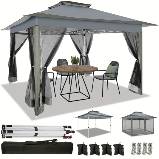 3.66x3.66meter Pop-Up Tent with 4 Mosquito Net Side Walls, Double Roof Design, Height Adjustable, Carry Bag Included - Ideal for Beach, Outdoor, Terrace Use, Beach Tent, Outdoor Shelter, Modern Shelter, Durable Fabric