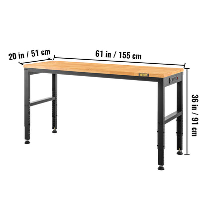 Verstelbare Werkbank – Werktafel – Klusbank – Montagebank – Werkstation – 155 x 50 cm – Massief Hardhout – Ingebouwde Stopcontacten en USB-poorten