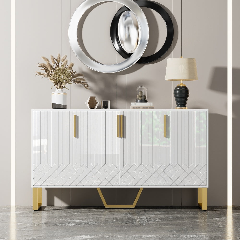 Modern White Geometric Storage Cabinet with 4 Doors - Freestanding Organizer, Easy Assembly, Spacious Interior for Living Room, Dining Room, Entryway - Sturdy Metal Construction, Space-Saving Design (140x40x80cm/55x16x31.5in)