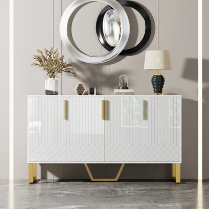 Modern White Geometric Storage Cabinet with 4 Doors - Freestanding Organizer, Easy Assembly, Spacious Interior for Living Room, Dining Room, Entryway - Sturdy Metal Construction, Space-Saving Design (140x40x80cm/55x16x31.5in)