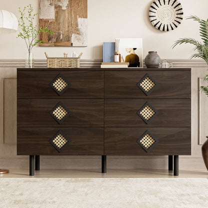 Ladekast – Ladenkast – Kommode – Dressoir – Opbergkast – 6 Lades – Rieten Details – Metalen Poten – MDF & Spaanplaat – Houtkleurig met Zwarte en Gouden Accenten
