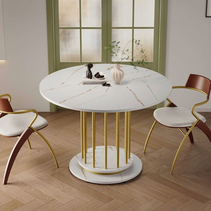 Ronde Eettafel – Ronde Tafel – Eetkamertafel – Keukentafel – Kleine Tafel – Marmerlook Blad – Stevig Metalen Frame – 100 cm Diameter – 4-6 Personen