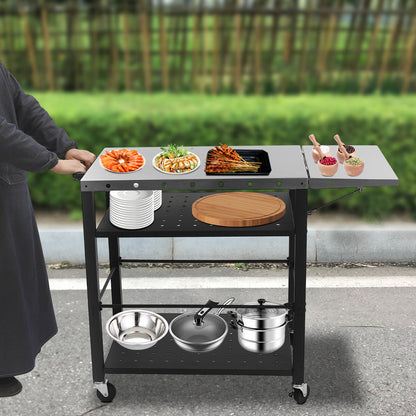 BBQ Trolley – Barbecuewagen – Grillwagen – Buitenkeuken – Campingwagen – 4 Tiers Opbergruimte – RVS Met Universele Wielen Zwart