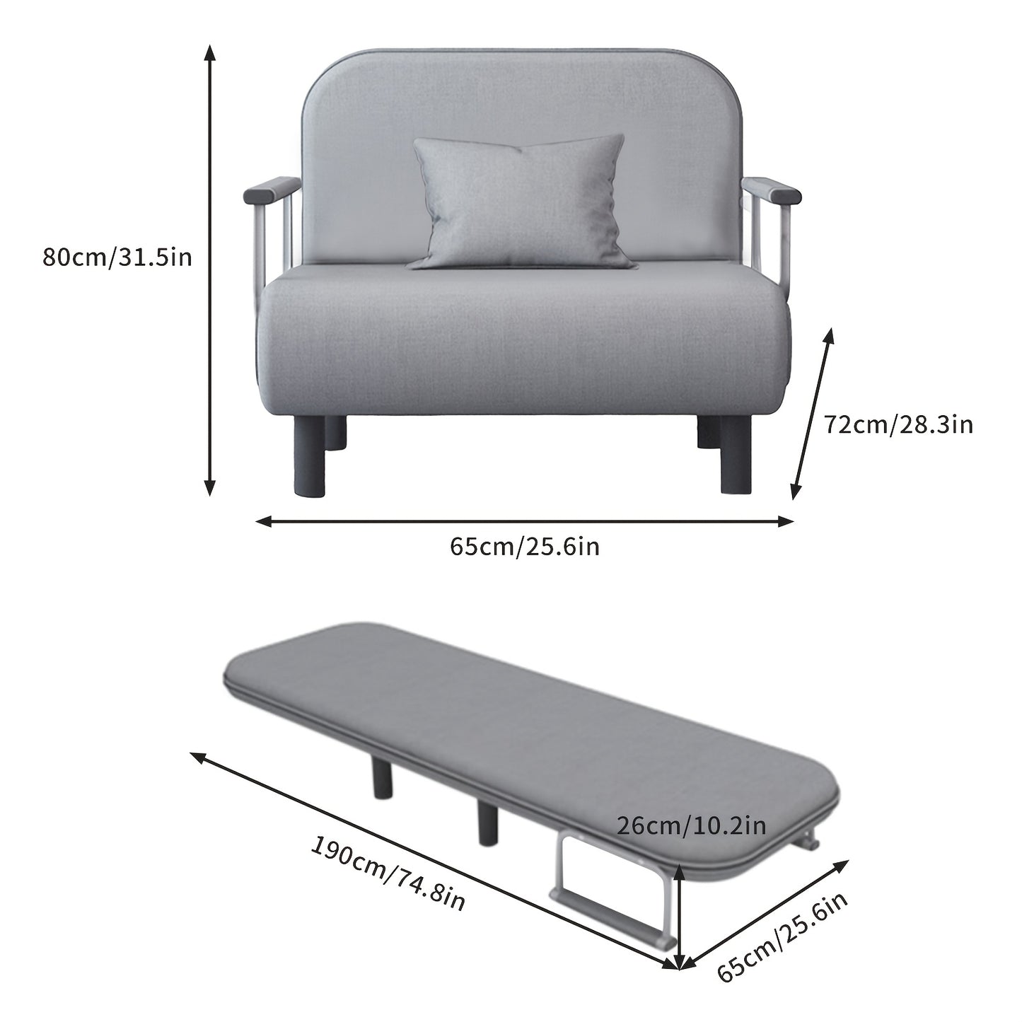 Slaapbank – Sofa Bed – Bedbank – Slaapbankje – Loungebank – 2-in-1 Vouwbaar – Verstelbare Rugleuning – Grijs Stoffen Bekleding – Metalen Frame