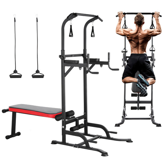 Power Tower – Krachtstation – Pull-Up Bar – Dip Station – Fitnessrek – Inklapbare Gewichtbank – Inclusief Weerstandsbanden – Maximale Belastbaarheid 200 kg