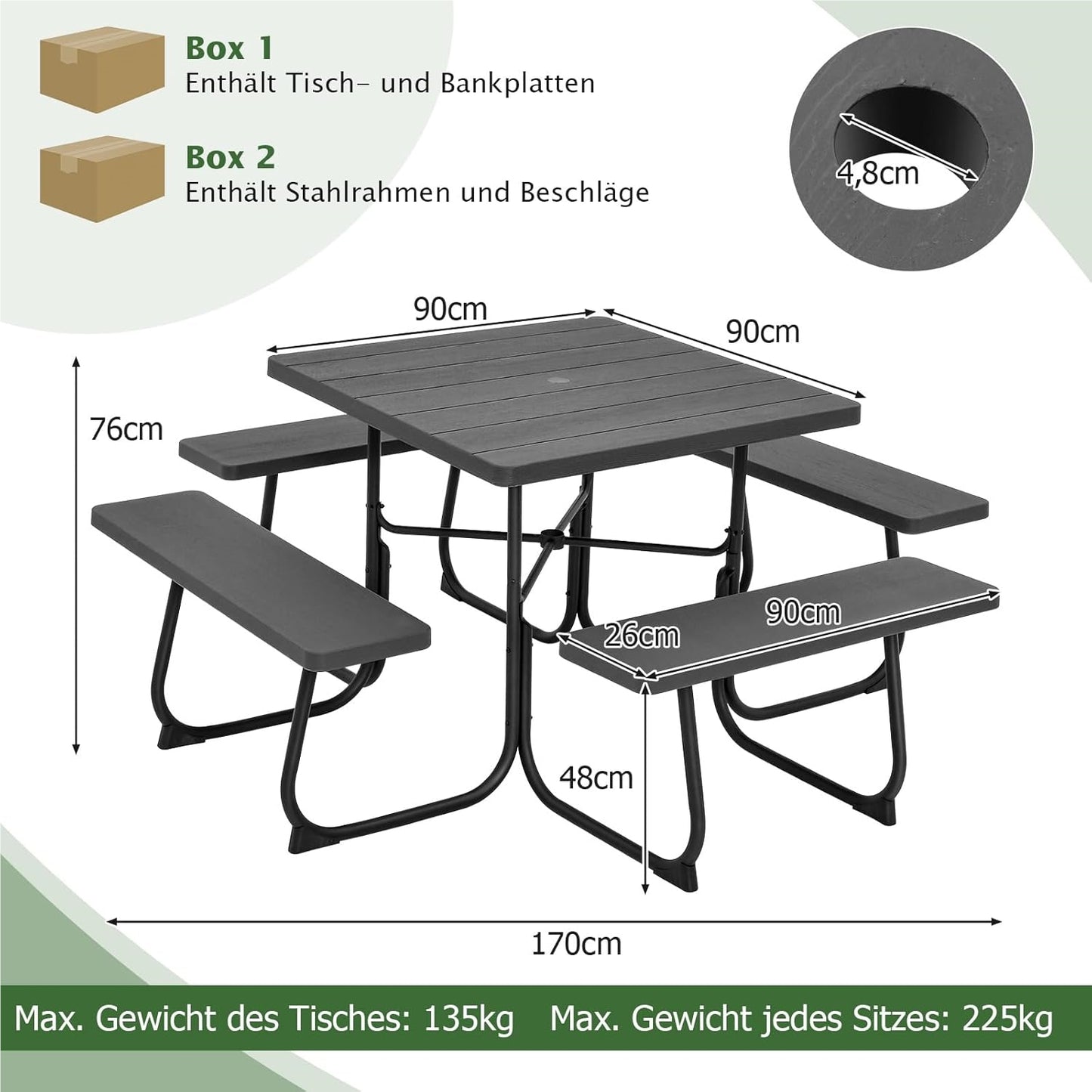 Picknicktafel – Tuinset – Buitenmeubel – Zitzet – Balkontafel – Zwarte Vierkante Tafel 170x170 cm – HDPE Kunststof & Parasolhouder