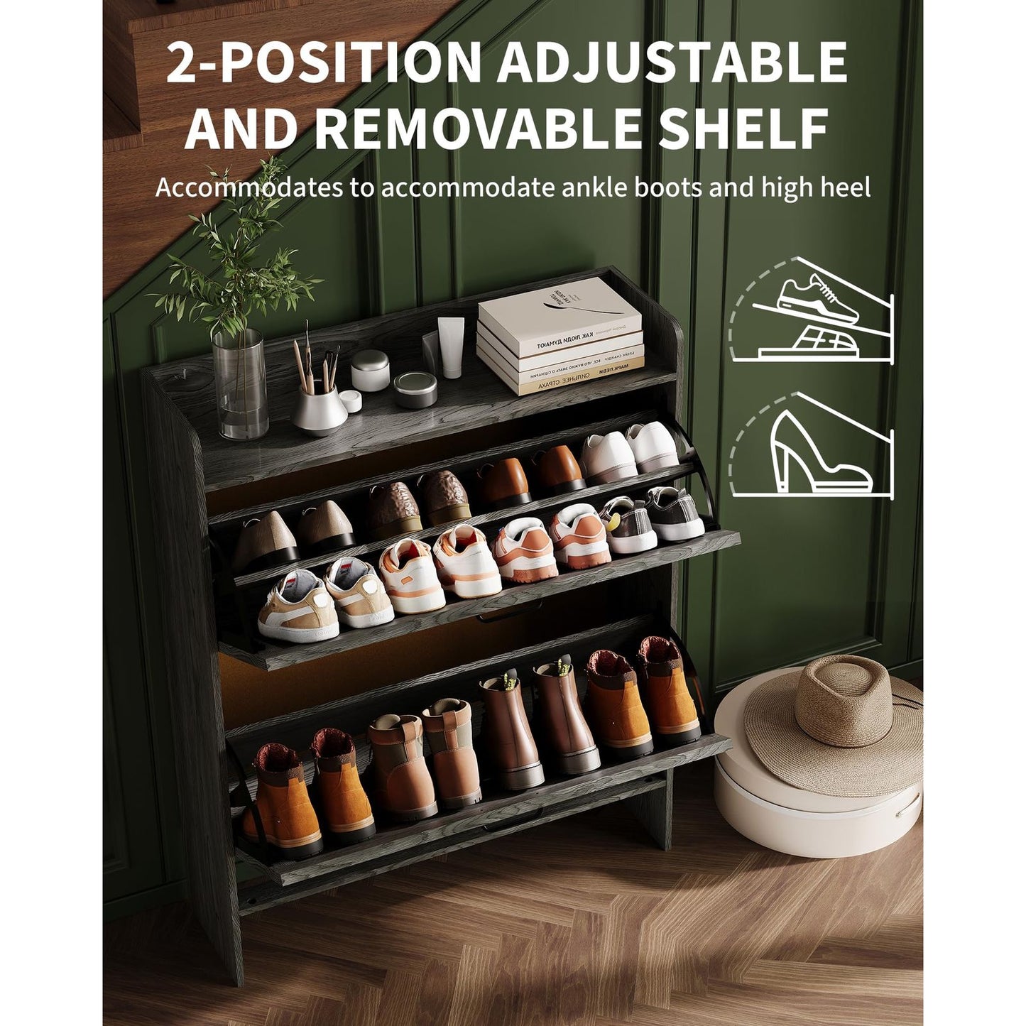 Schoenenkast – Schoenrek – Schoenopberger – Schoenmeubel – Schoenendoos – Smal Ruimtebesparend Design – 2 Kantel-Lades – Zwart Houtlook – Vrijstaand – Eenvoudige Montage