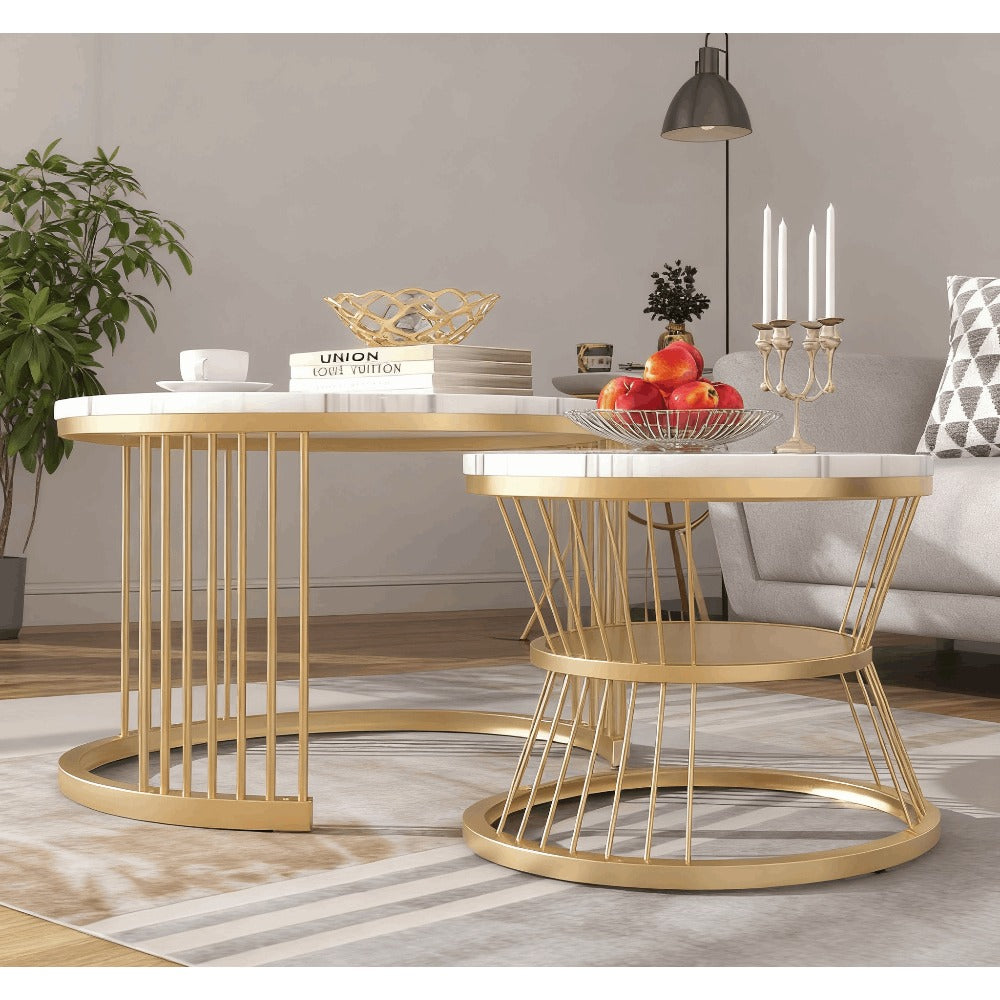 Ronde Salontafel Set – Bijzettafel – Koffietafel – Nestbare Tafels – Modern – Marmerlook – Hoogwaardig MDF – Verstelbare Pootdopjes